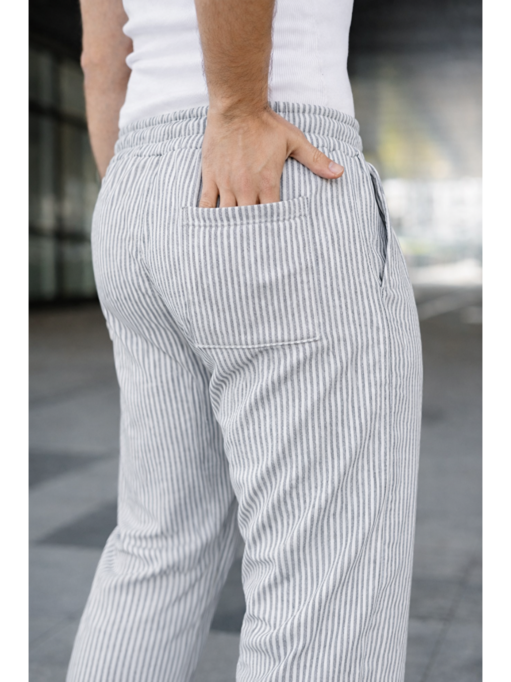 Erkek Trend Lastikli Çizgili Bol Gri Eşofman Altı-3