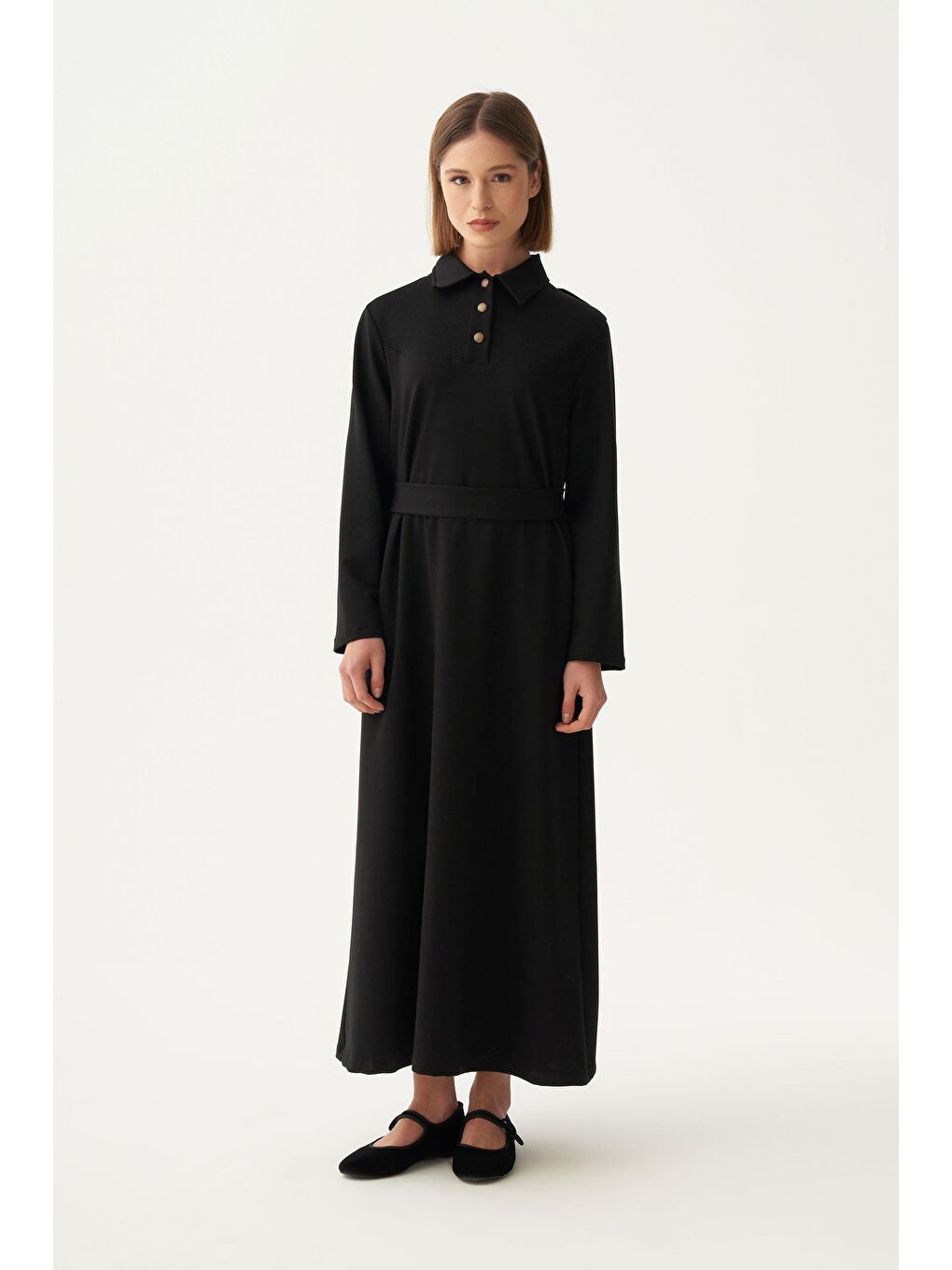 Siyah-Pamuklu Gömlek Yaka Apoletli Elbise-1