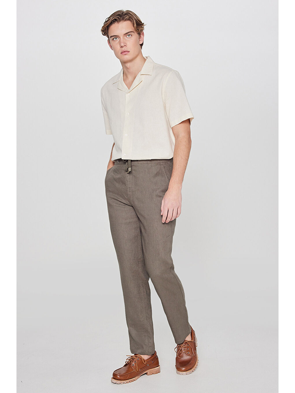 Haki %100 Keten Regular Fit Cepli Pantolon