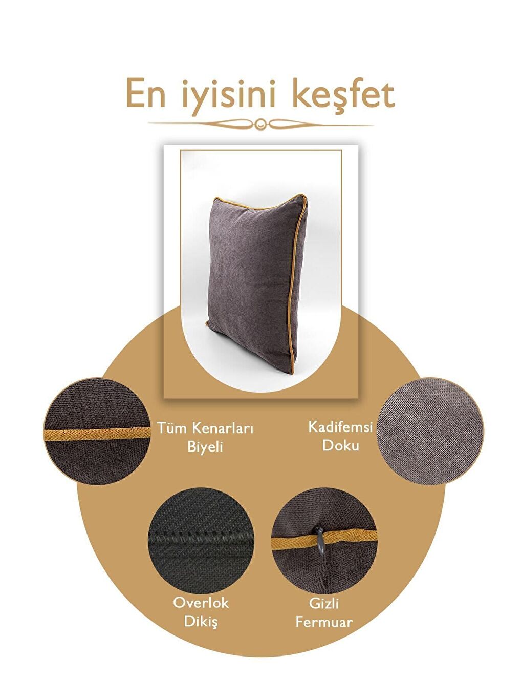 Panbiy Süet Dokulu Düz Punch (panç) İçin Uygun Hardal Biyeli Gri Dekoratif Kırlent Kılıfı-3