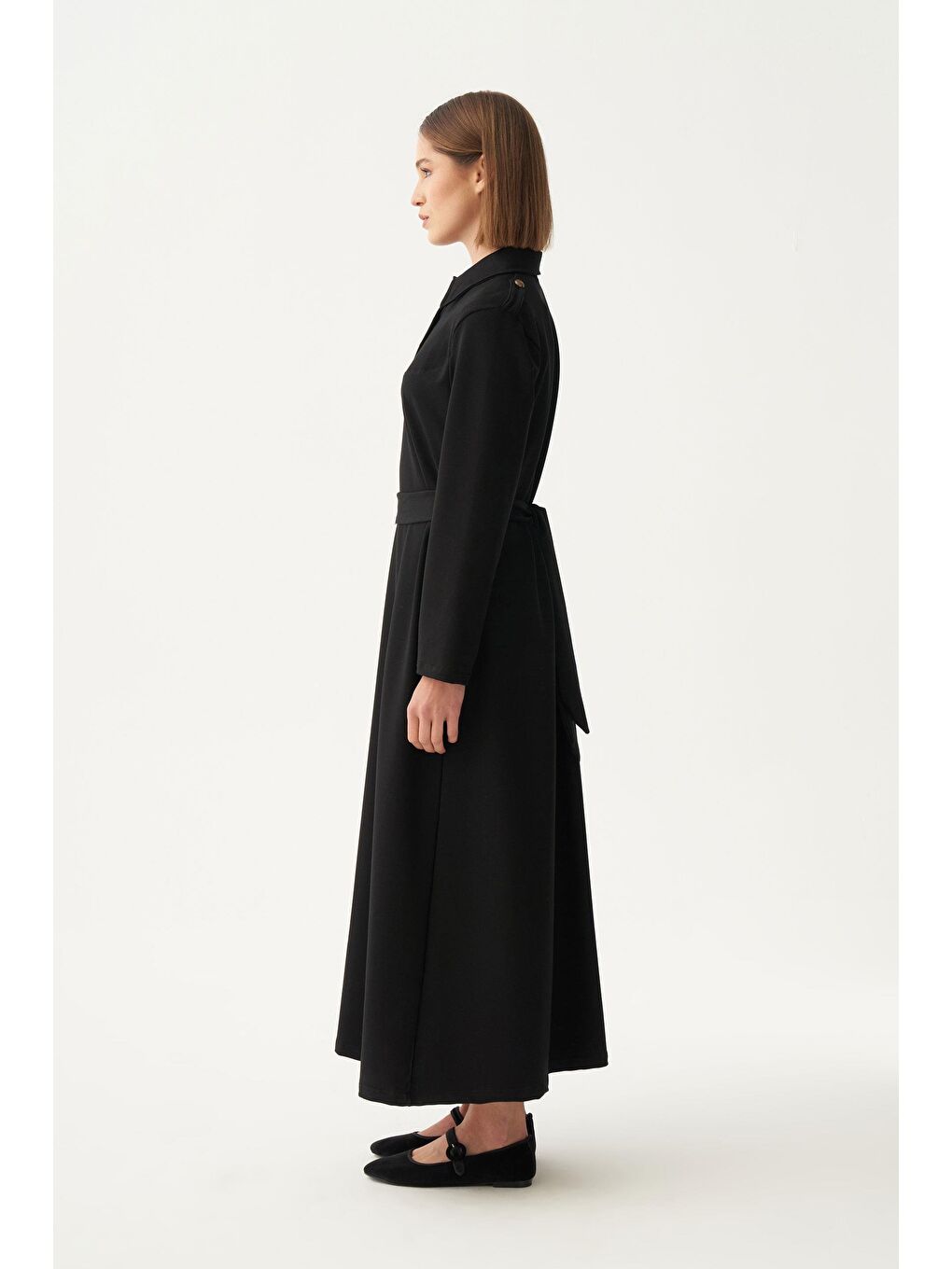 Siyah-Pamuklu Gömlek Yaka Apoletli Elbise-2