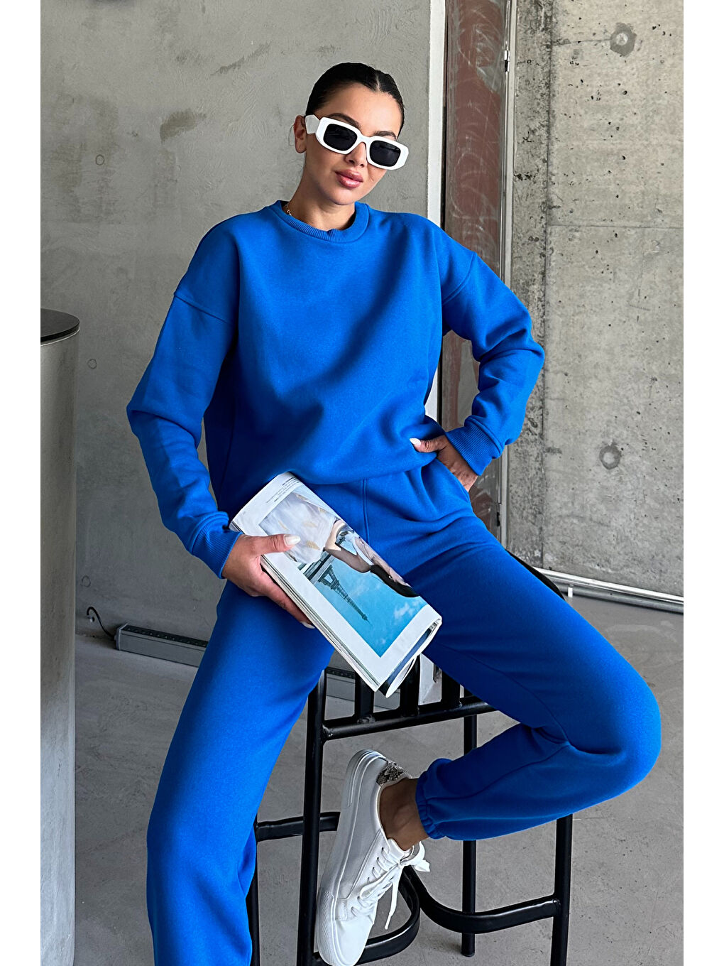 Kadın Erkek Sax Mavi Bisiklet Yaka Düz Oversize Alt-Üst Eşofman Takımı-4