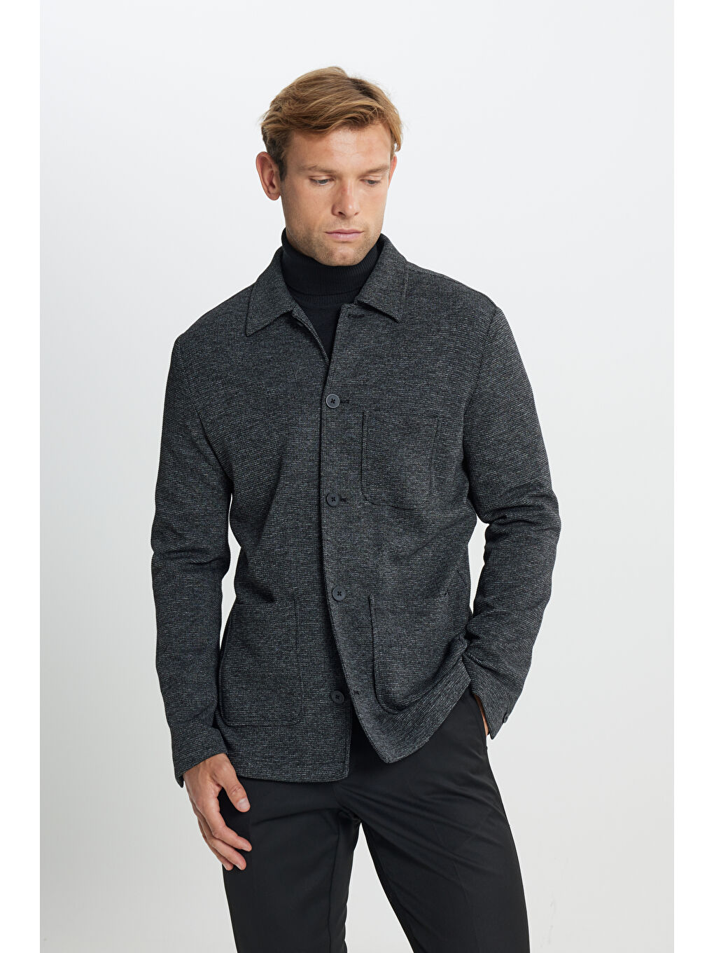 Erkek Siyah Comfort Fit Rahat Kesim Gömlek Yaka Desenli Torba Cepli Ceket-2