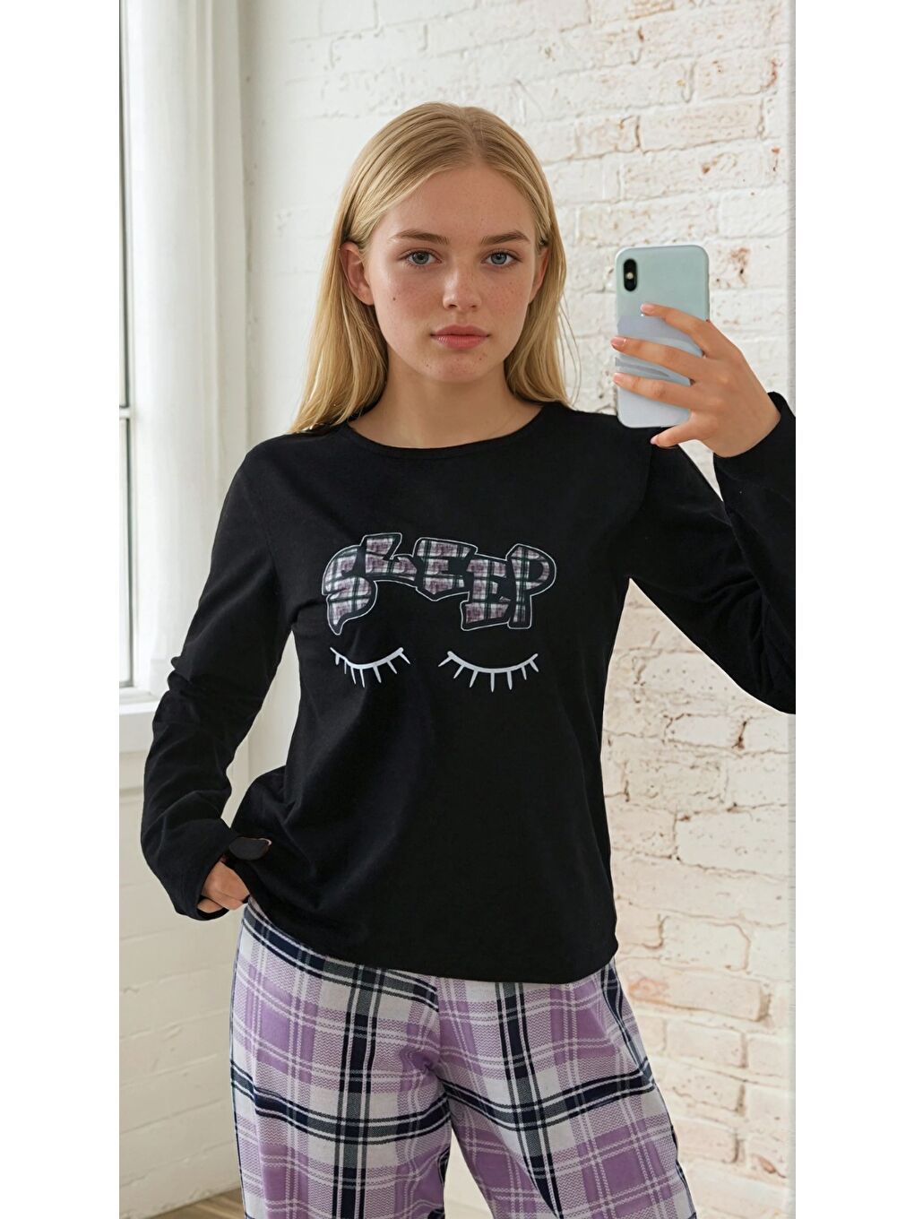 Mor Ekose Desen Sleep Baskılı Uzun Kol Pijama Takımı-1