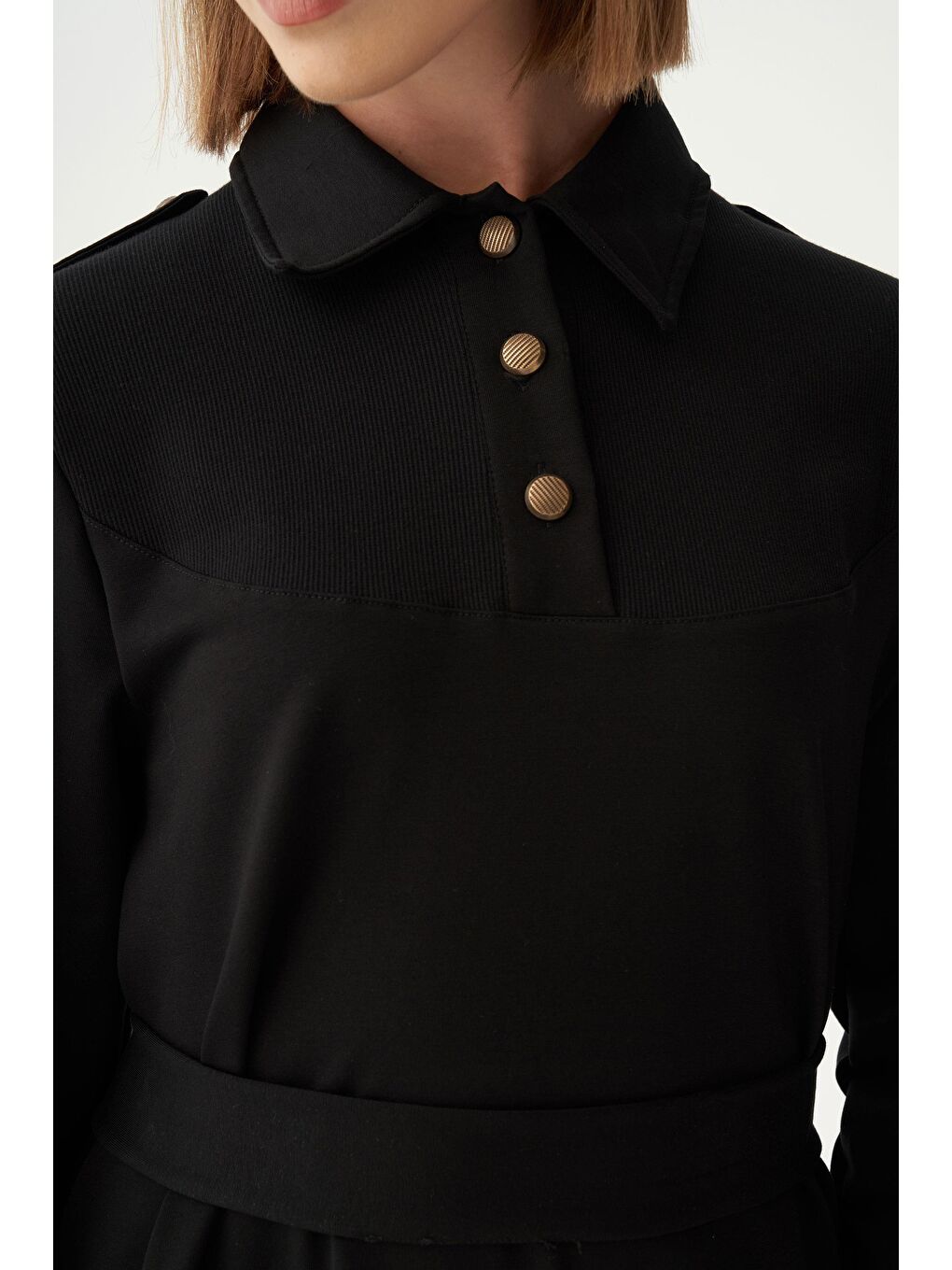 Siyah-Pamuklu Gömlek Yaka Apoletli Elbise-4