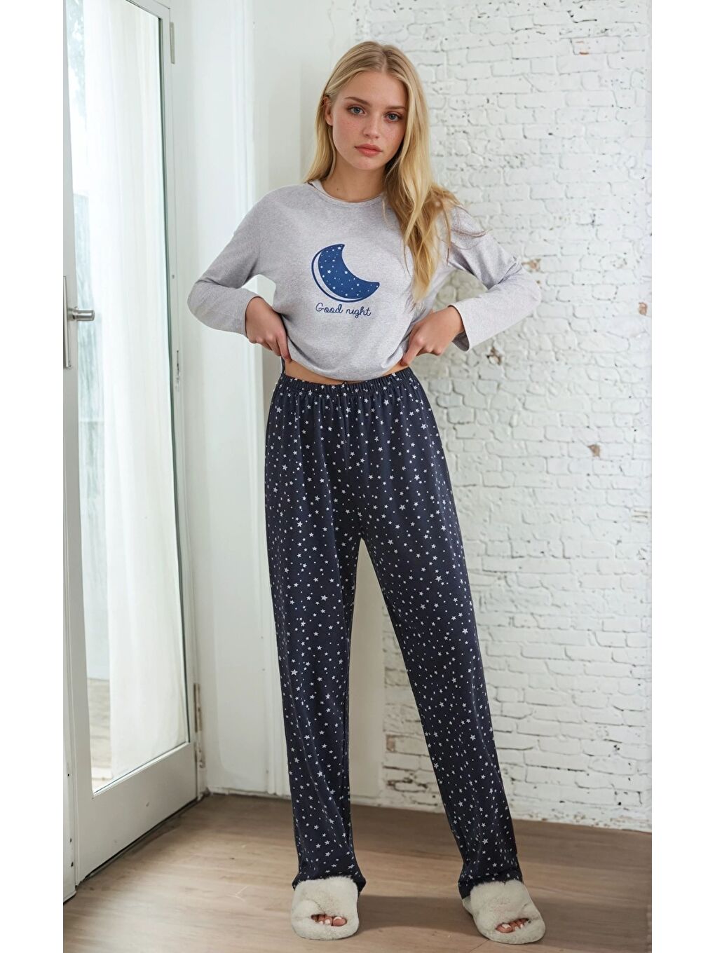 Gri Uzun Kol Baskılı Pijama Takım-1