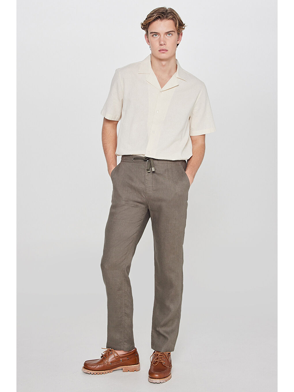 Haki %100 Keten Regular Fit Cepli Pantolon-1