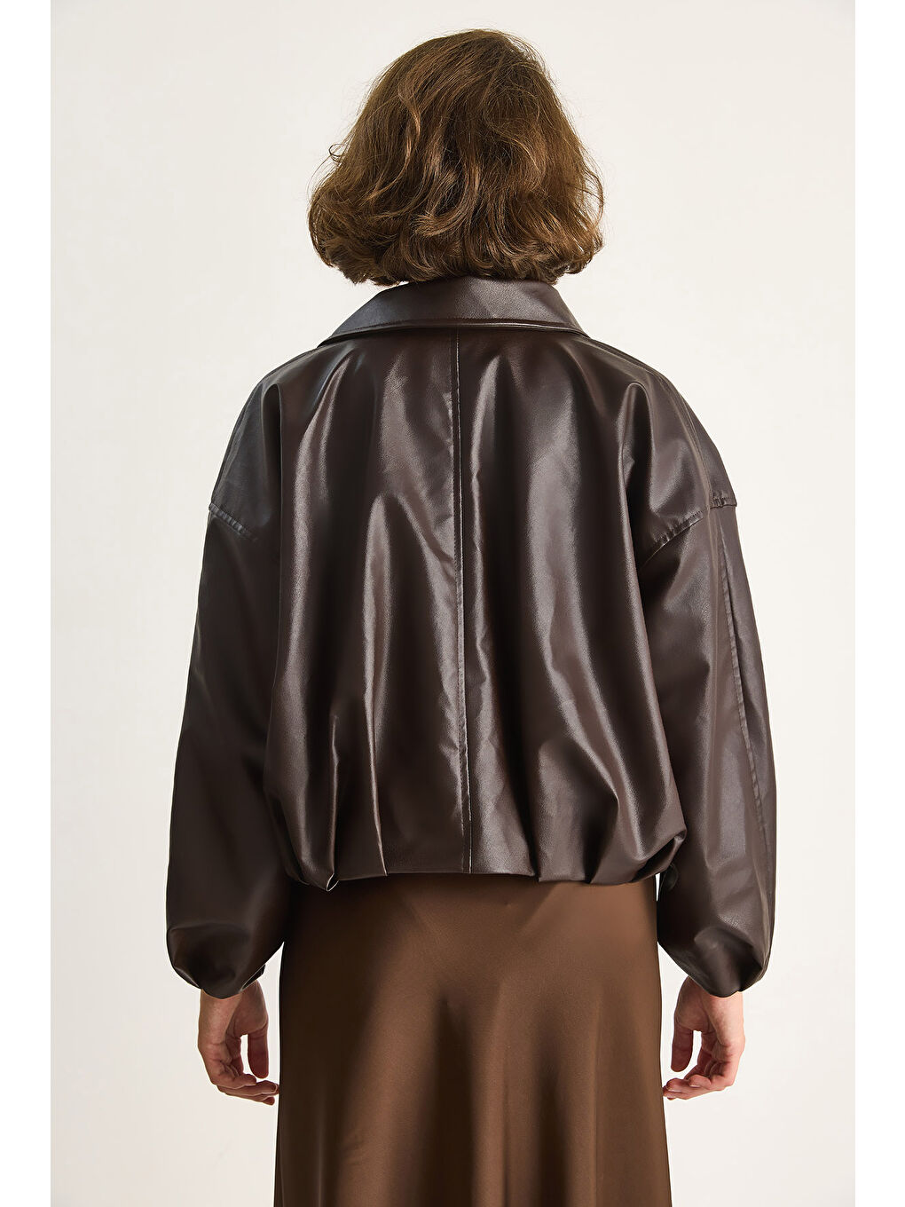 Kahverengi Kadın Oversize Tokalı Deri Ceket-7