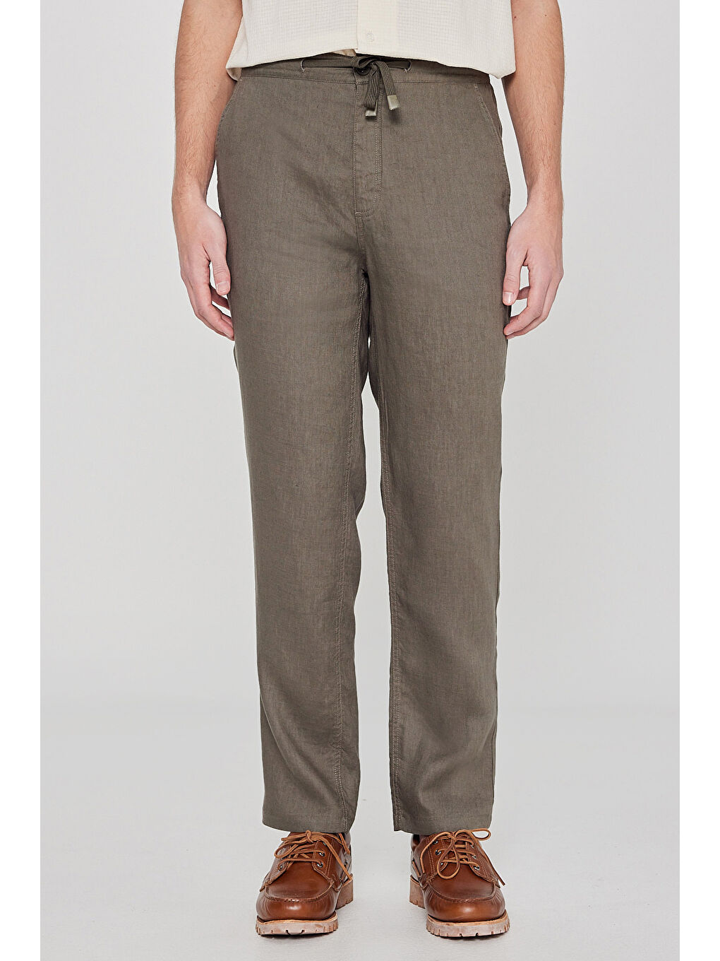 Haki %100 Keten Regular Fit Cepli Pantolon-2