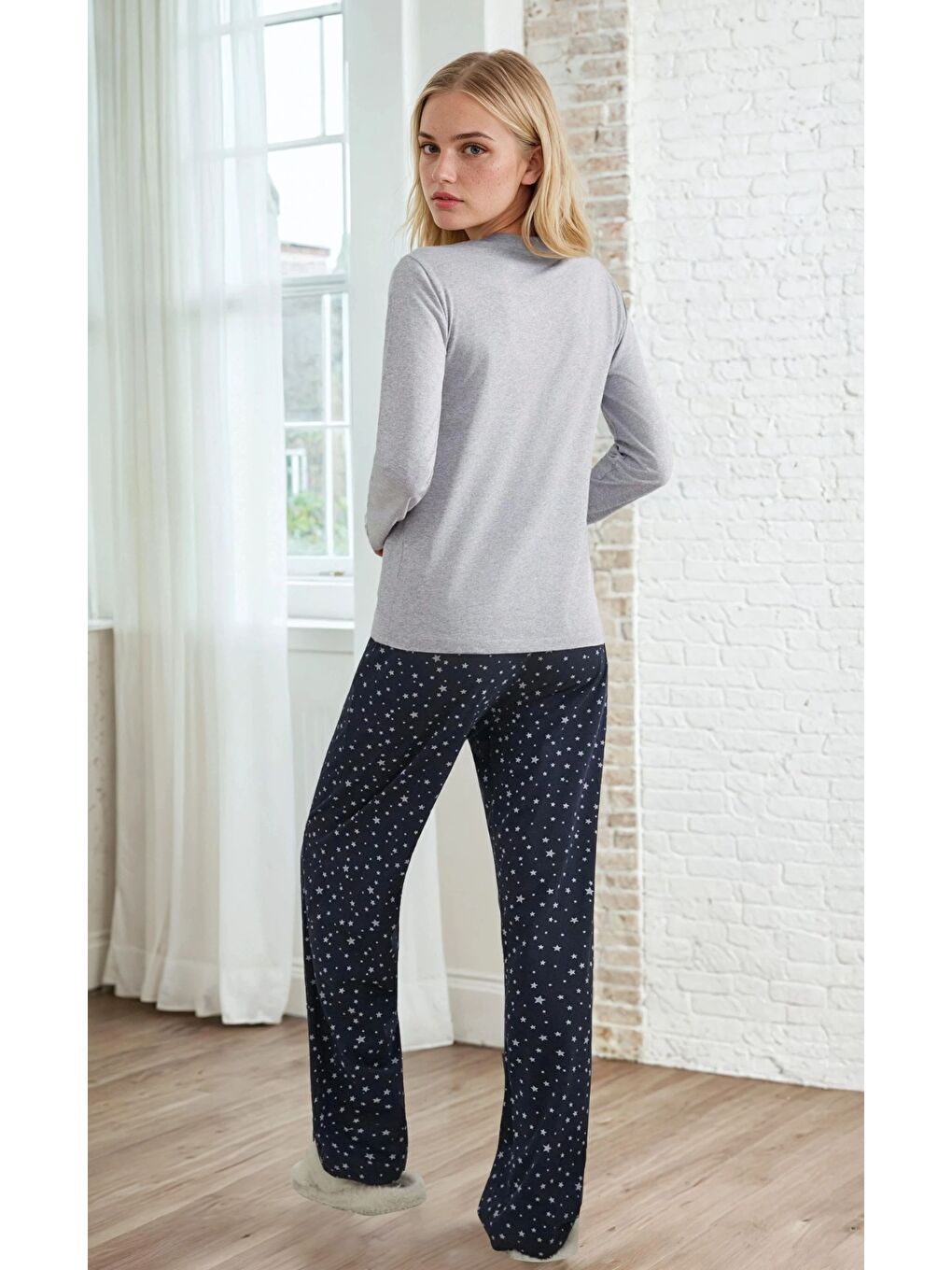 Gri Uzun Kol Baskılı Pijama Takım-2