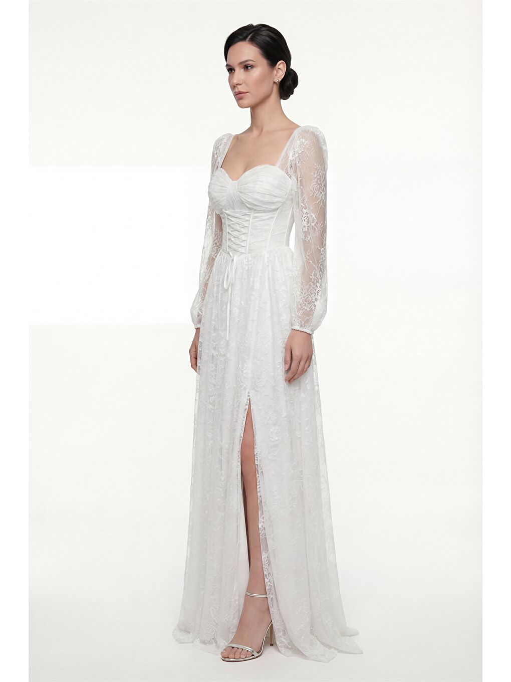 Kadın Beyaz Dar Kalıp Uzun Kol Bacak Dekolteli Dantelli Abiye Elbise-1