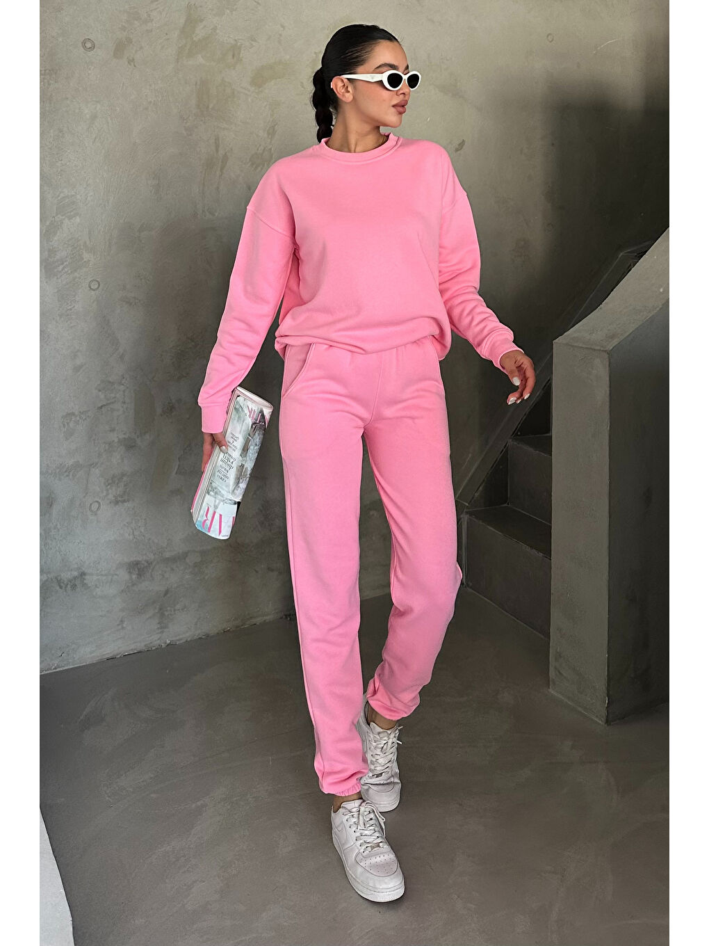 Kadın Erkek Pembe Bisiklet Yaka Düz Oversize Alt-Üst Eşofman Takımı-4