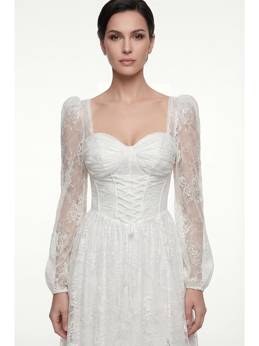 Kadın Beyaz Dar Kalıp Uzun Kol Bacak Dekolteli Dantelli Abiye Elbise-2