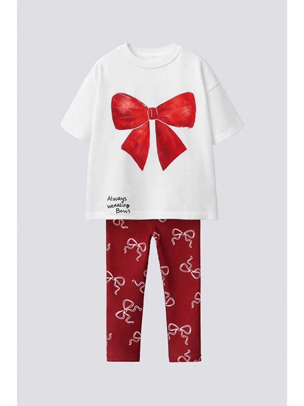 Kırmızı Fiyon Baskılı Kız Çocuk Tayt Takım – Fiyonk Desenli Tasarım-1