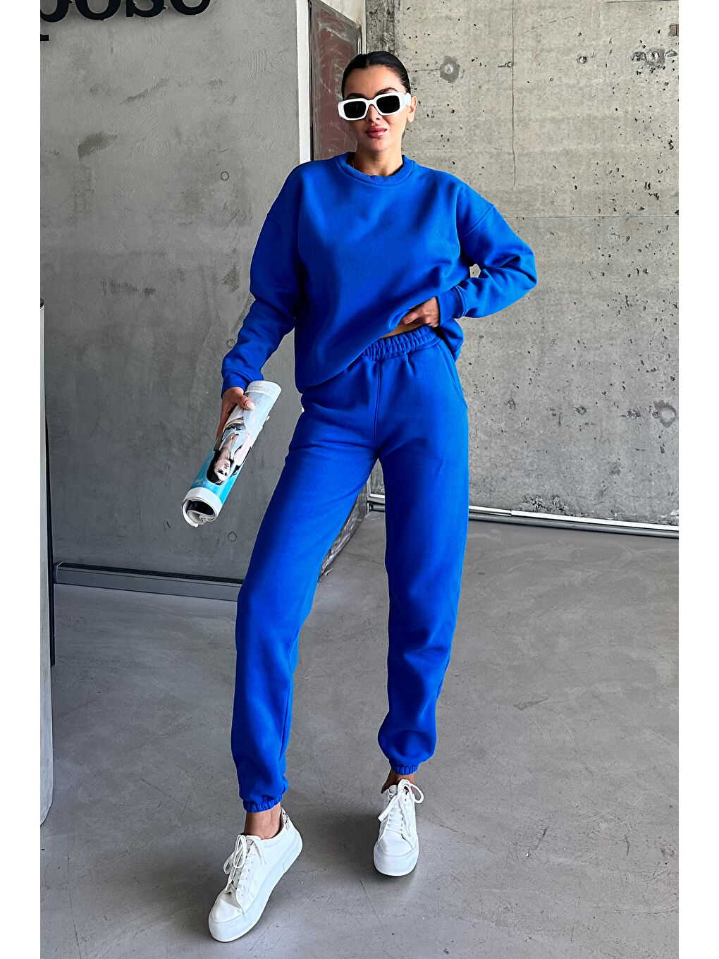Kadın Erkek Sax Mavi Bisiklet Yaka Düz Oversize Alt-Üst Eşofman Takımı-5
