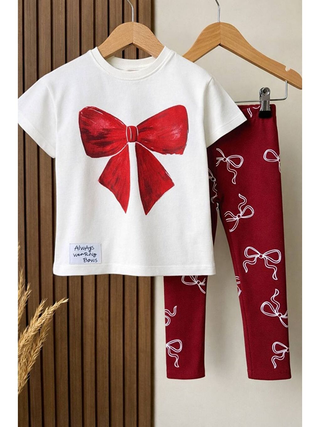 Kırmızı Fiyon Baskılı Kız Çocuk Tayt Takım – Fiyonk Desenli Tasarım-2