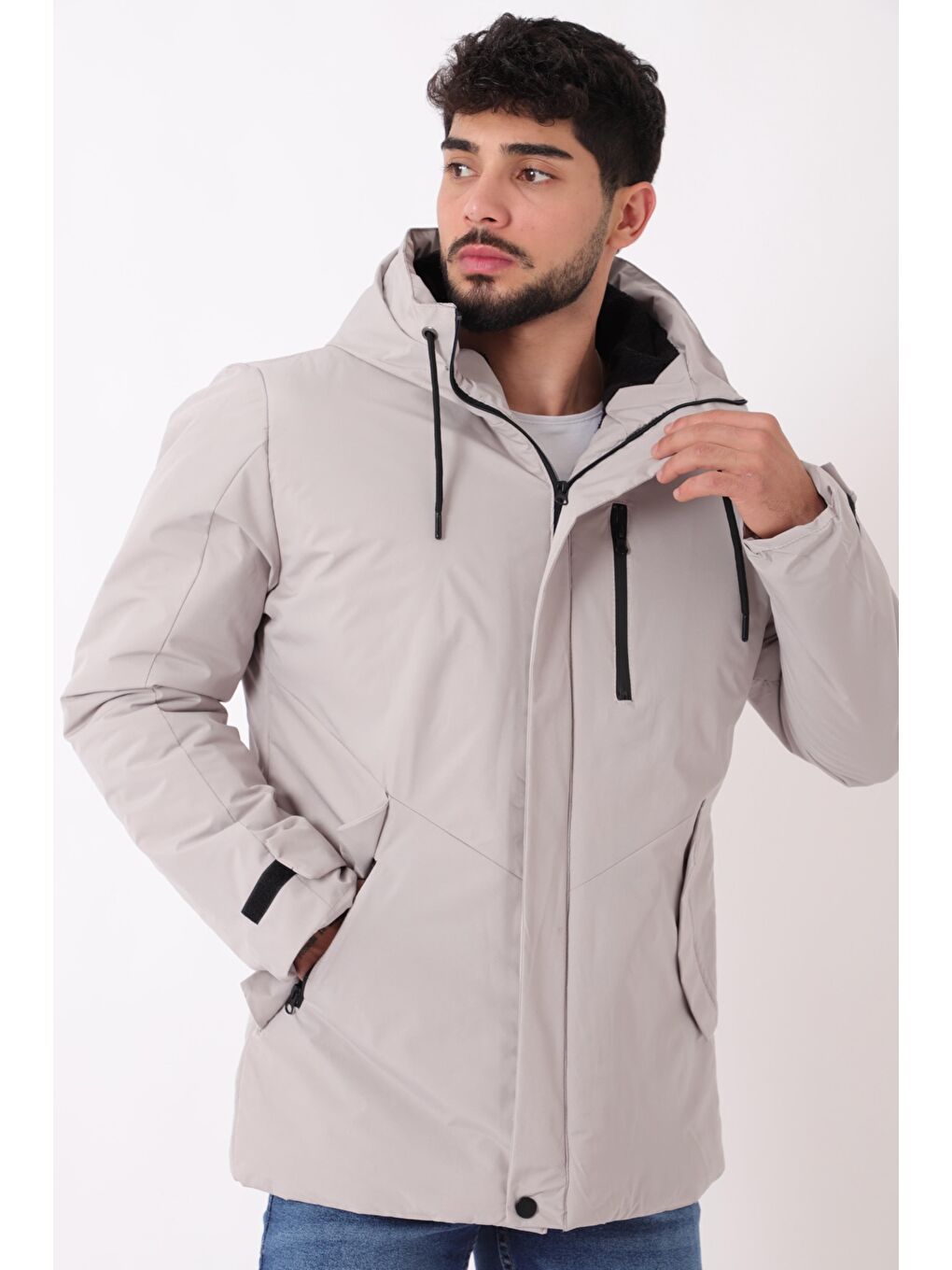 Bej Sporlikra Kumaş Tasarım Cep Kışlık Kapüşonlu Mont PLDP 3013_50458-2