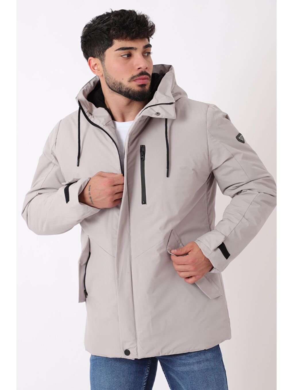 Bej Sporlikra Kumaş Tasarım Cep Kışlık Kapüşonlu Mont PLDP 3013_50458-3