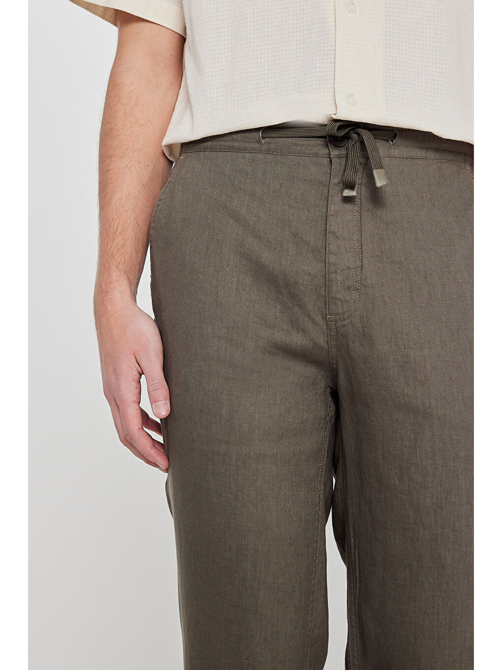 Haki %100 Keten Regular Fit Cepli Pantolon-4