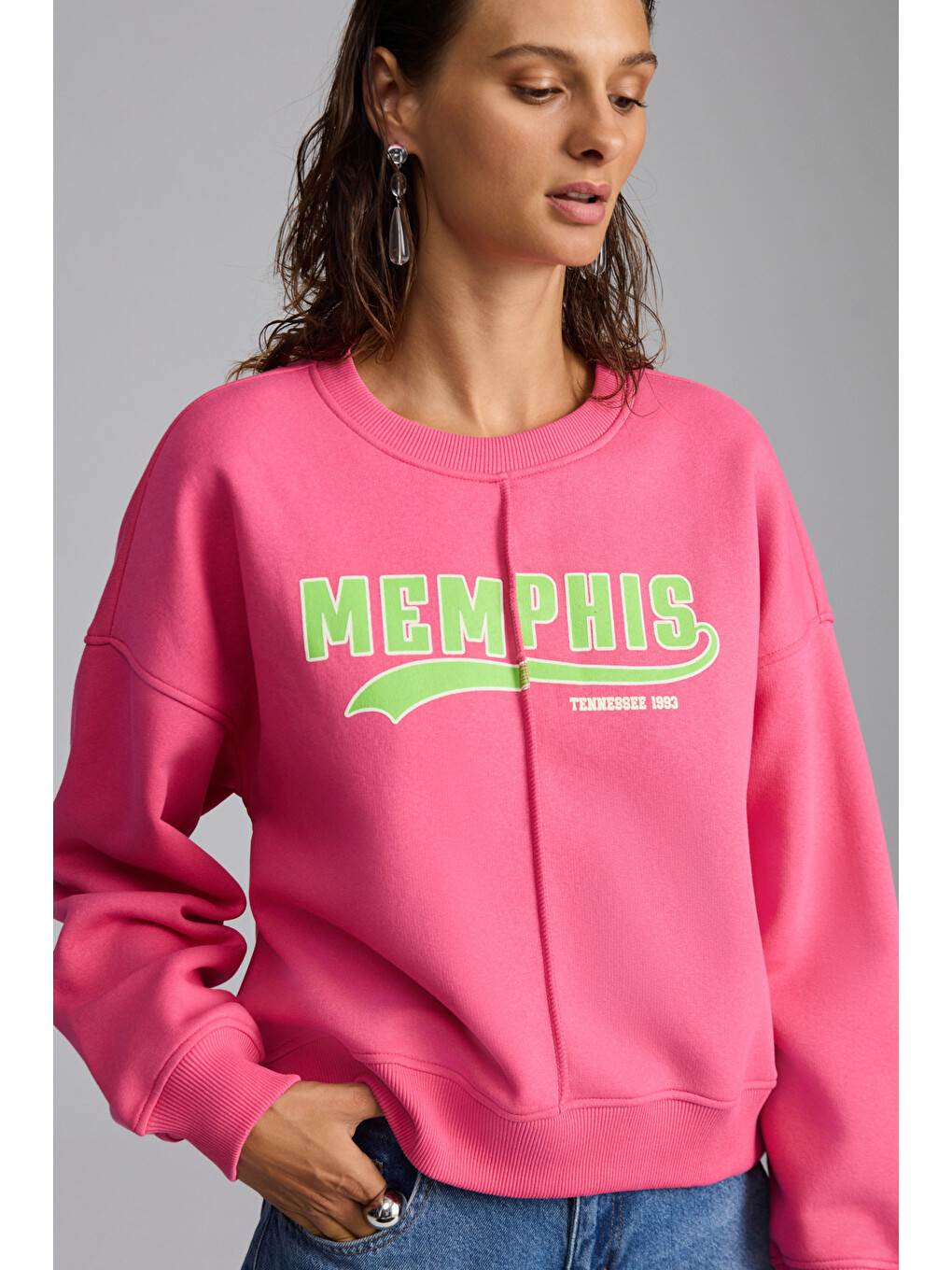 Daleska Kadın Organik Pamuklu Yumuşacık Önü Kesikli Baskılı Yuvarlak Yaka Pembe Sweatshirt-2