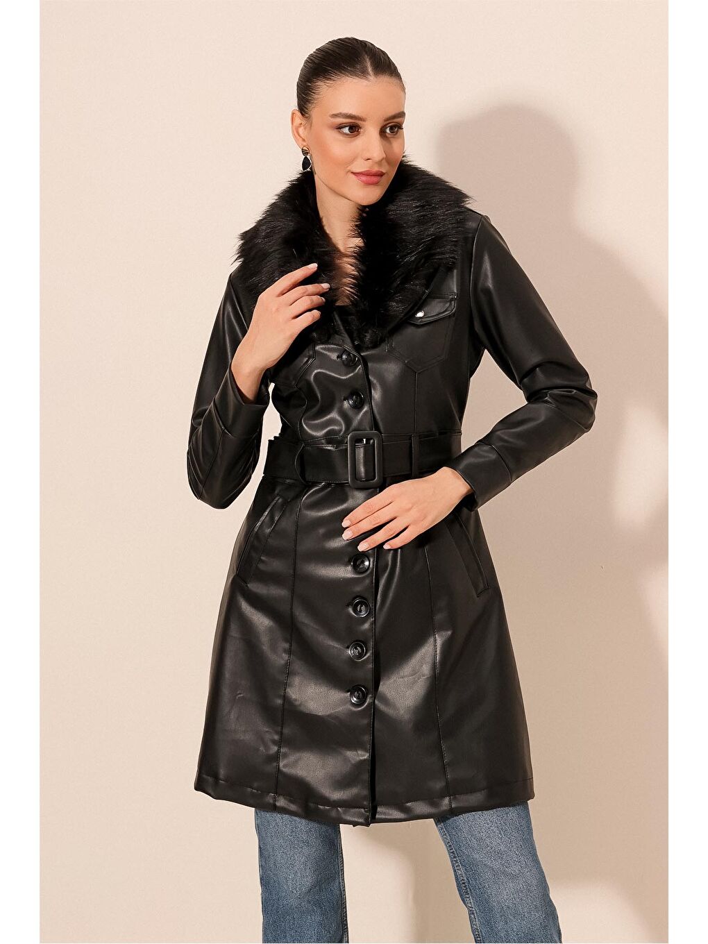 Kadın Yakası Kürklü Deri Kaban 1048 - Siyah-3