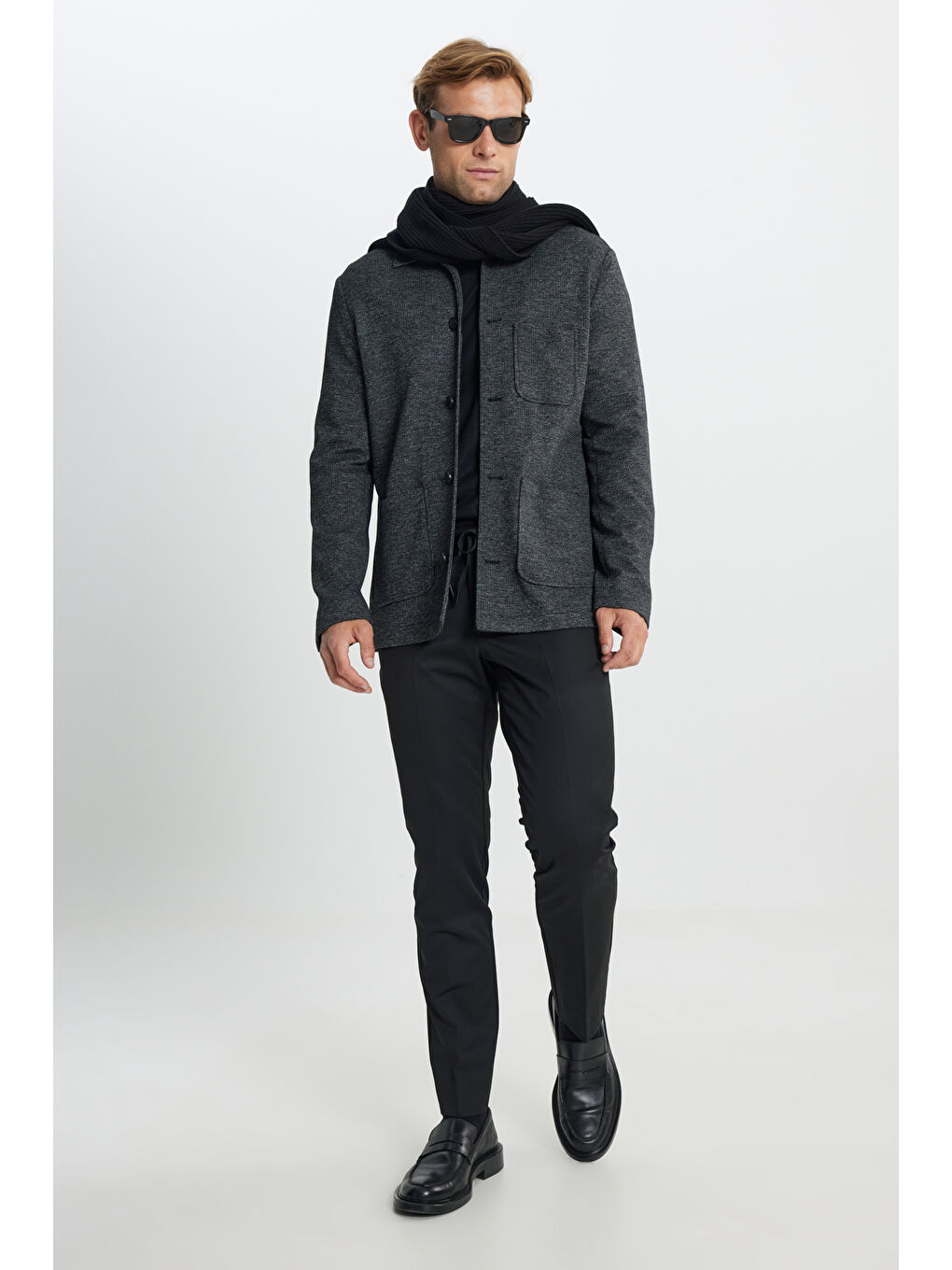 Erkek Siyah Comfort Fit Rahat Kesim Gömlek Yaka Desenli Torba Cepli Ceket-3