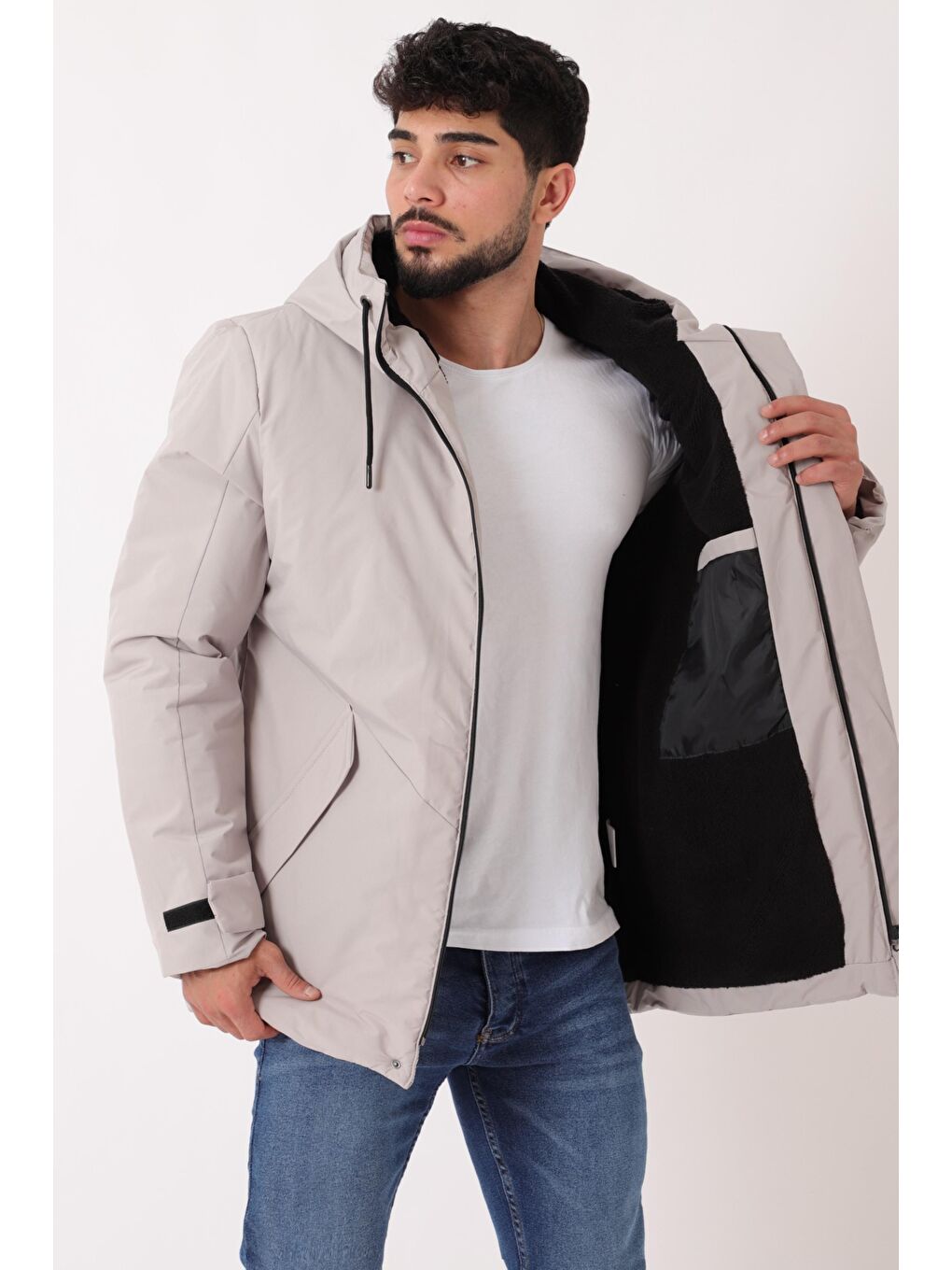 Bej Sporlikra Kumaş Tasarım Cep Kışlık Kapüşonlu Mont PLDP 3013_50458-4