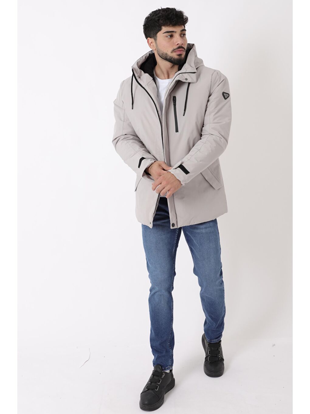 Bej Sporlikra Kumaş Tasarım Cep Kışlık Kapüşonlu Mont PLDP 3013_50458-5