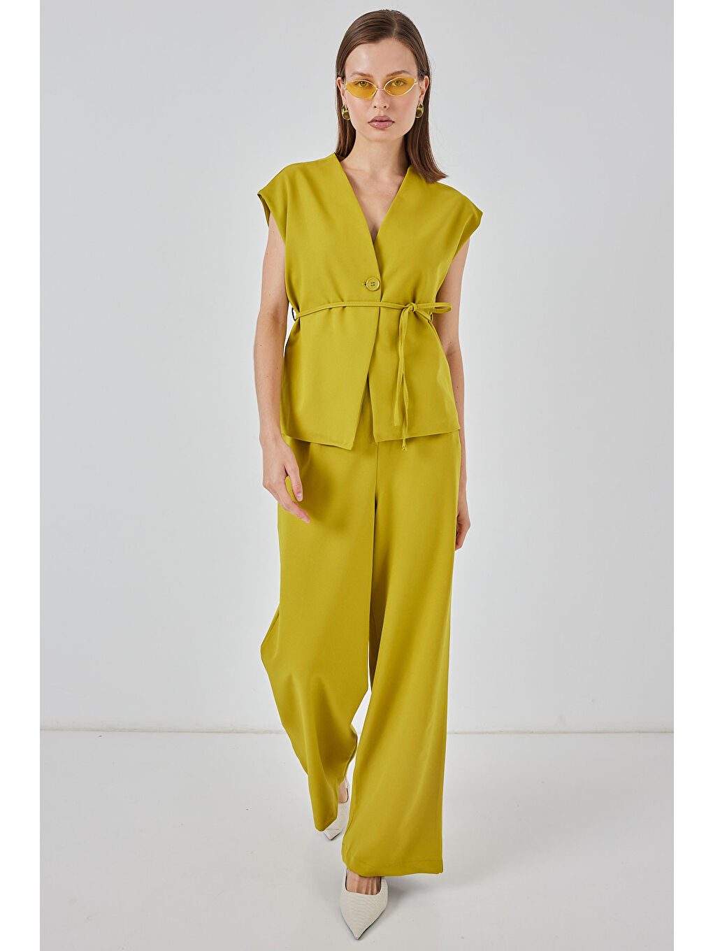 Kadın Yelek Pantolon Kumaş Takım 30050 - Yağ Yeşil