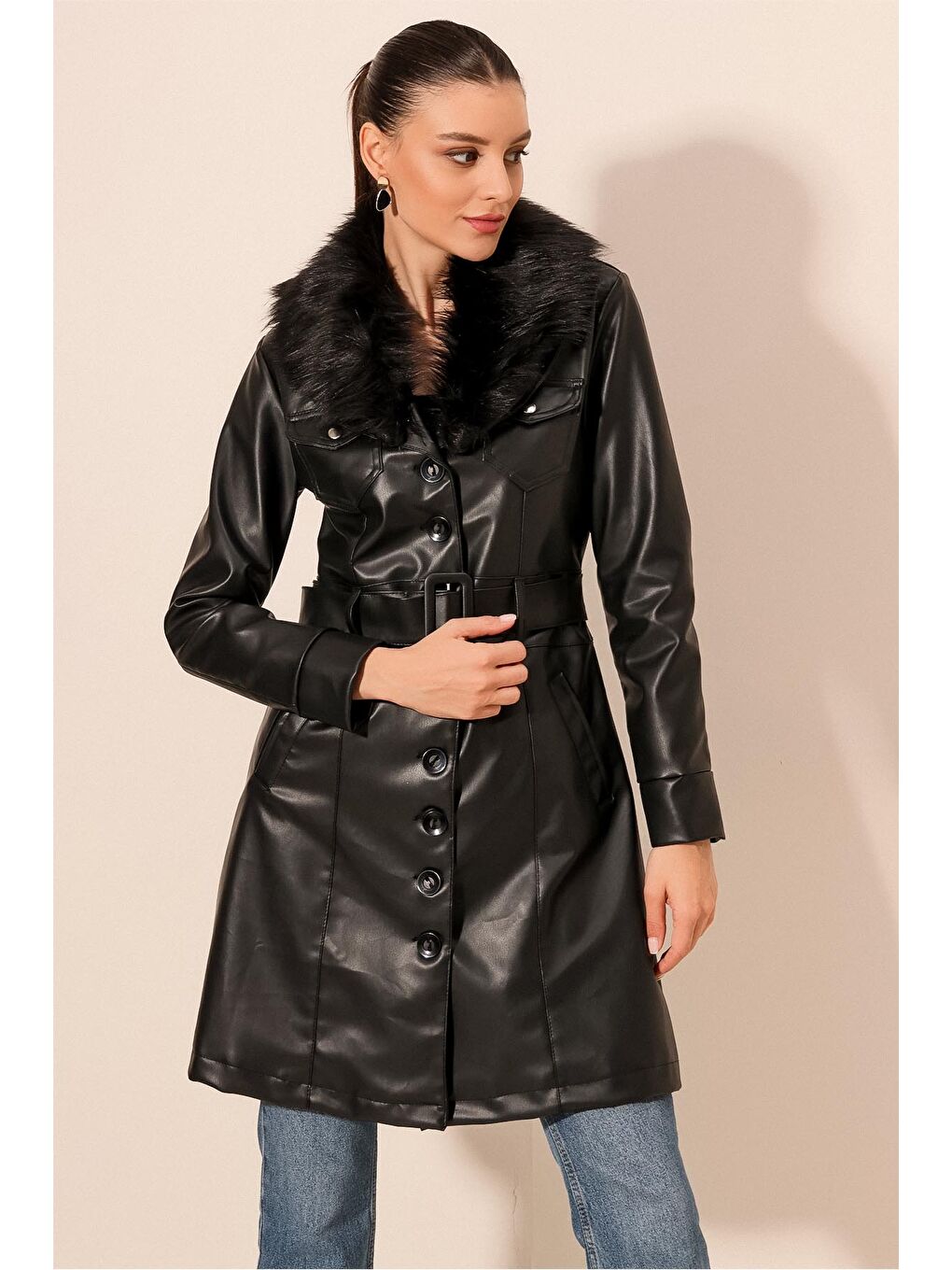 Kadın Yakası Kürklü Deri Kaban 1048 - Siyah-4