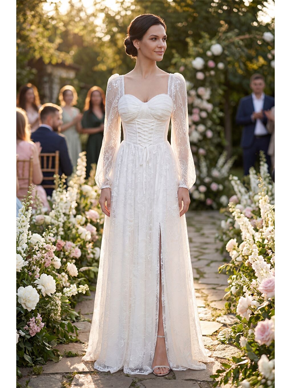 Kadın Beyaz Dar Kalıp Uzun Kol Bacak Dekolteli Dantelli Abiye Elbise-4