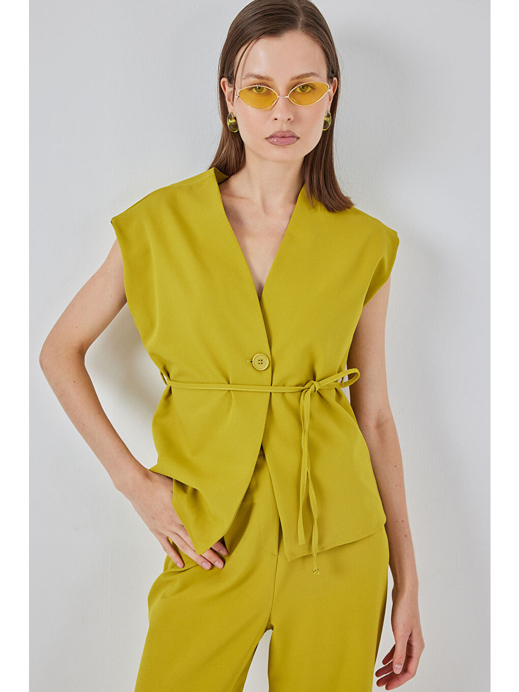 Kadın Yelek Pantolon Kumaş Takım 30050 - Yağ Yeşil-1