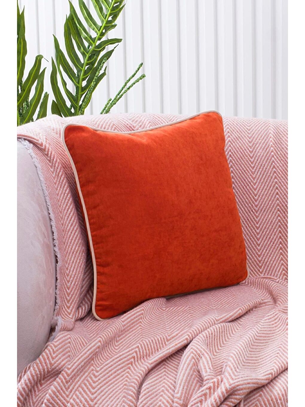 Panbiy Süet Dokulu Düz Punch (panç) İçin Uygun Krem Biyeli Turuncu Dekoratif Kırlent Kılıfı