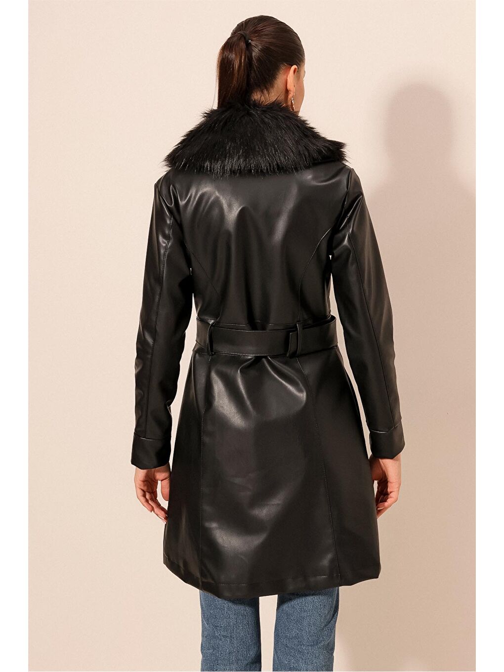 Kadın Yakası Kürklü Deri Kaban 1048 - Siyah-5