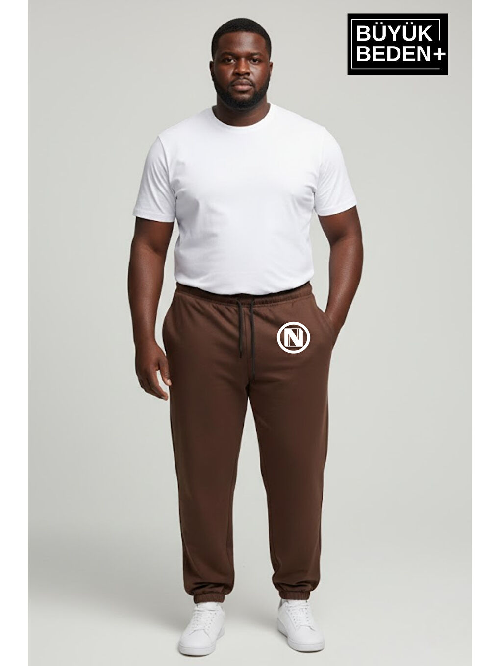 Kahverengi Erkek Büyük Beden N Logolu Paça Lastikli Rahat Kesim Jogger İnce Eşofman Altı SPR26BEA951-4
