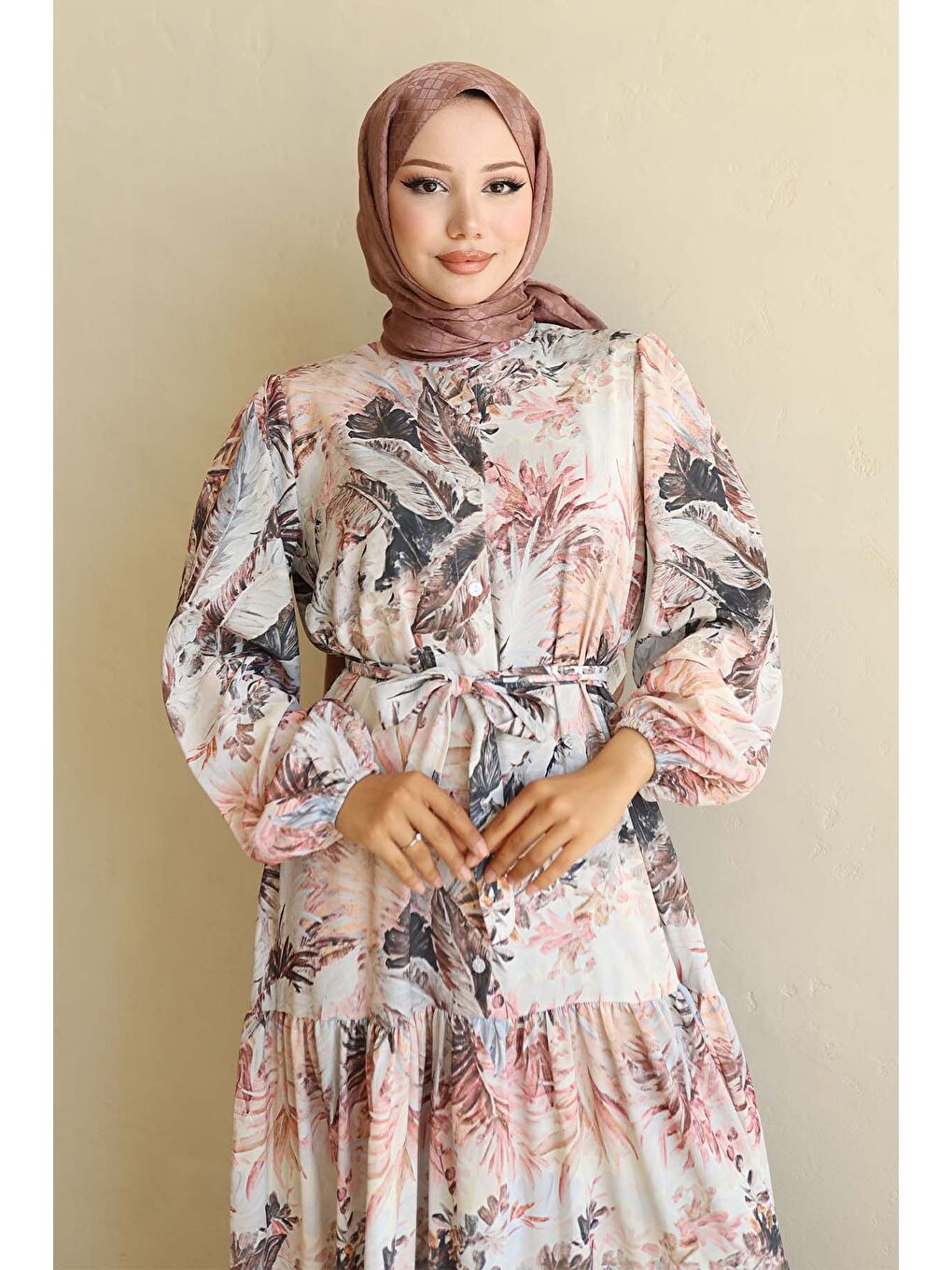 Kadın Desenli Uzun Tesettür Elbise 2586 - Kahverengi-1