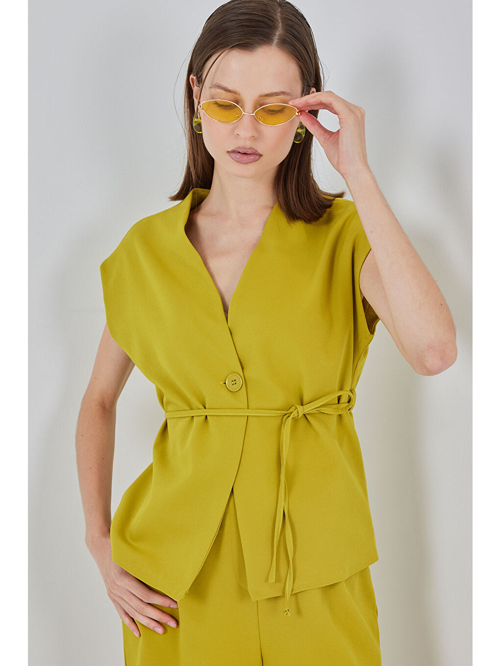 Kadın Yelek Pantolon Kumaş Takım 30050 - Yağ Yeşil-3