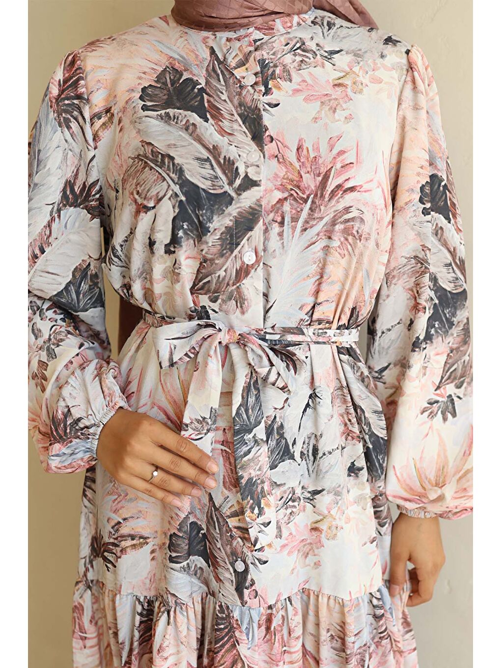 Kadın Desenli Uzun Tesettür Elbise 2586 - Kahverengi-2