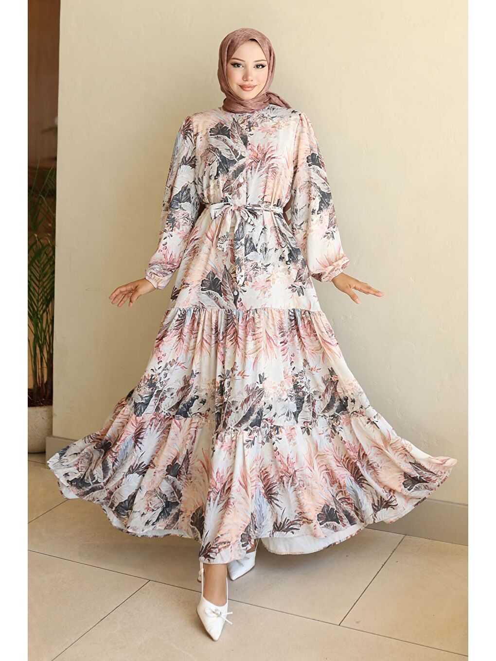 Kadın Desenli Uzun Tesettür Elbise 2586 - Kahverengi-3