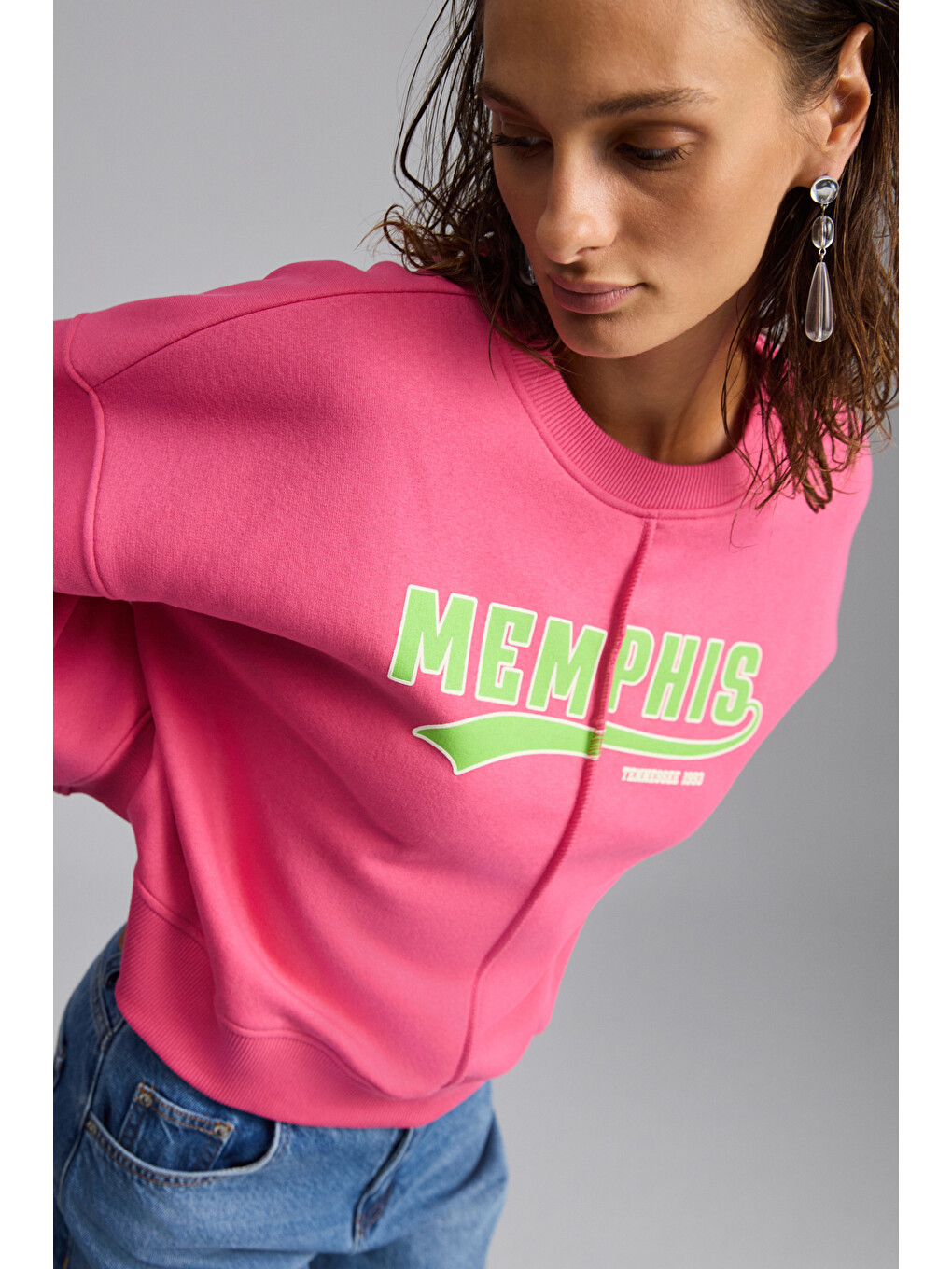 Daleska Kadın Organik Pamuklu Yumuşacık Önü Kesikli Baskılı Yuvarlak Yaka Pembe Sweatshirt-3