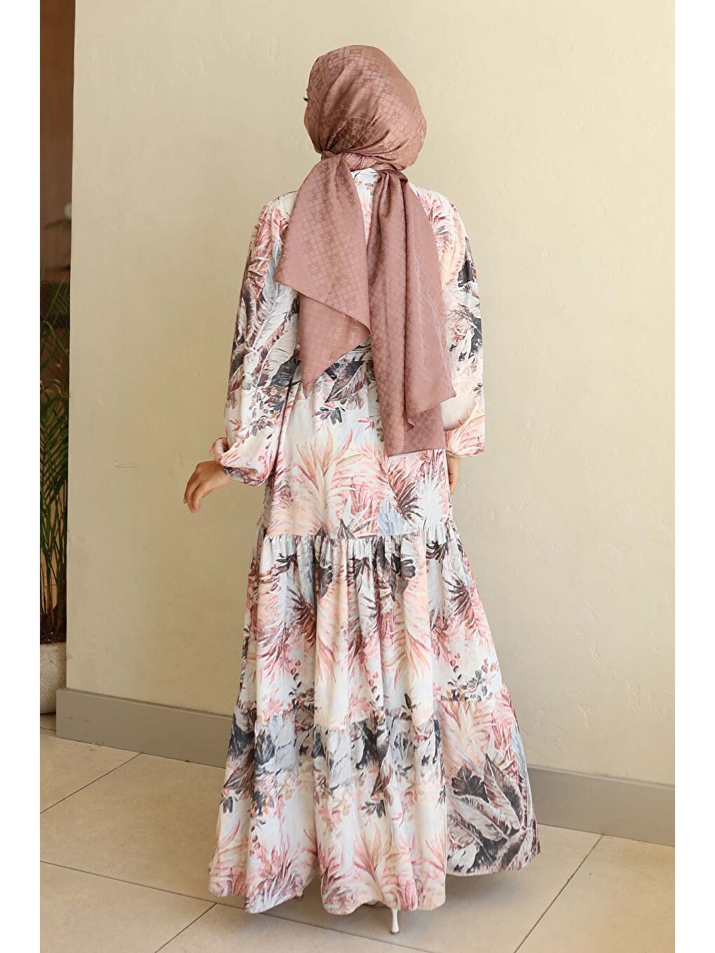 Kadın Desenli Uzun Tesettür Elbise 2586 - Kahverengi-4