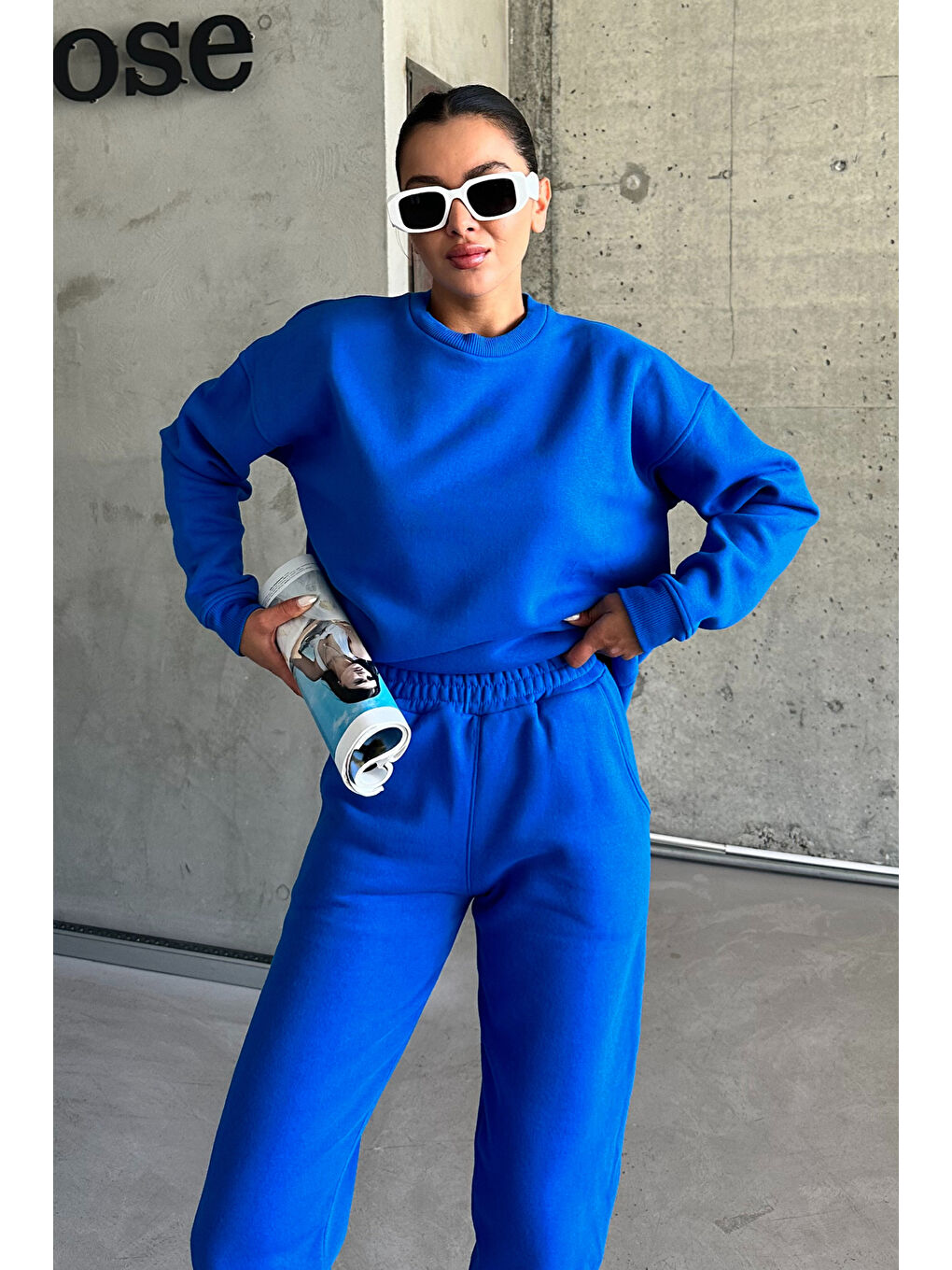 Kadın Erkek Sax Mavi Bisiklet Yaka Düz Oversize Alt-Üst Eşofman Takımı-6