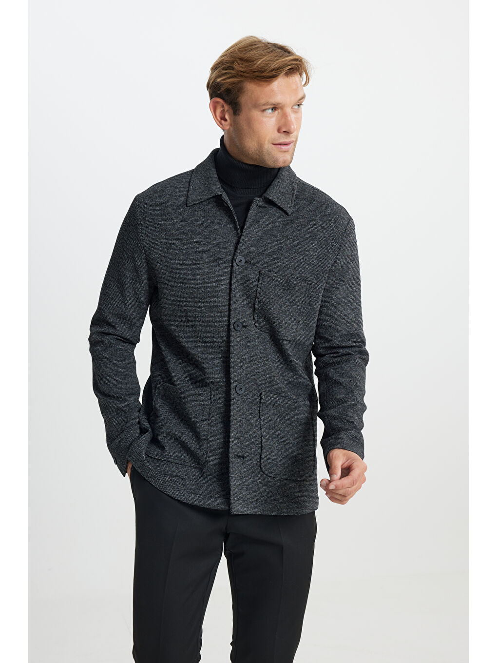 Erkek Siyah Comfort Fit Rahat Kesim Gömlek Yaka Desenli Torba Cepli Ceket-4