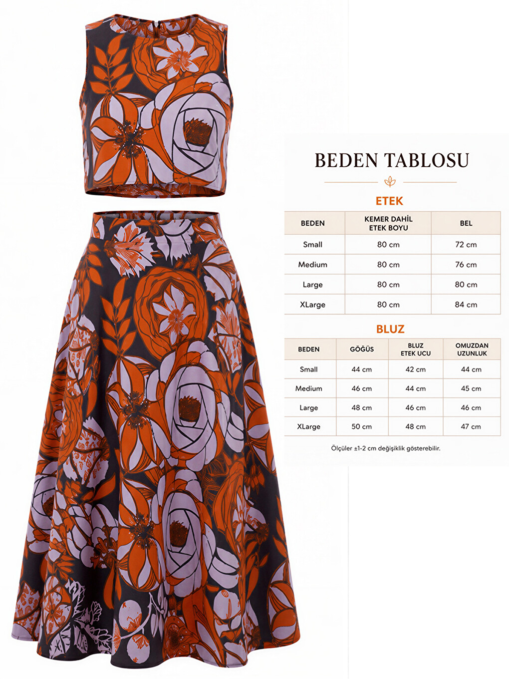 Kahverengi Çiçek Desenli Midi Etek Ve Kolsuz Crop Bluz Takım-5