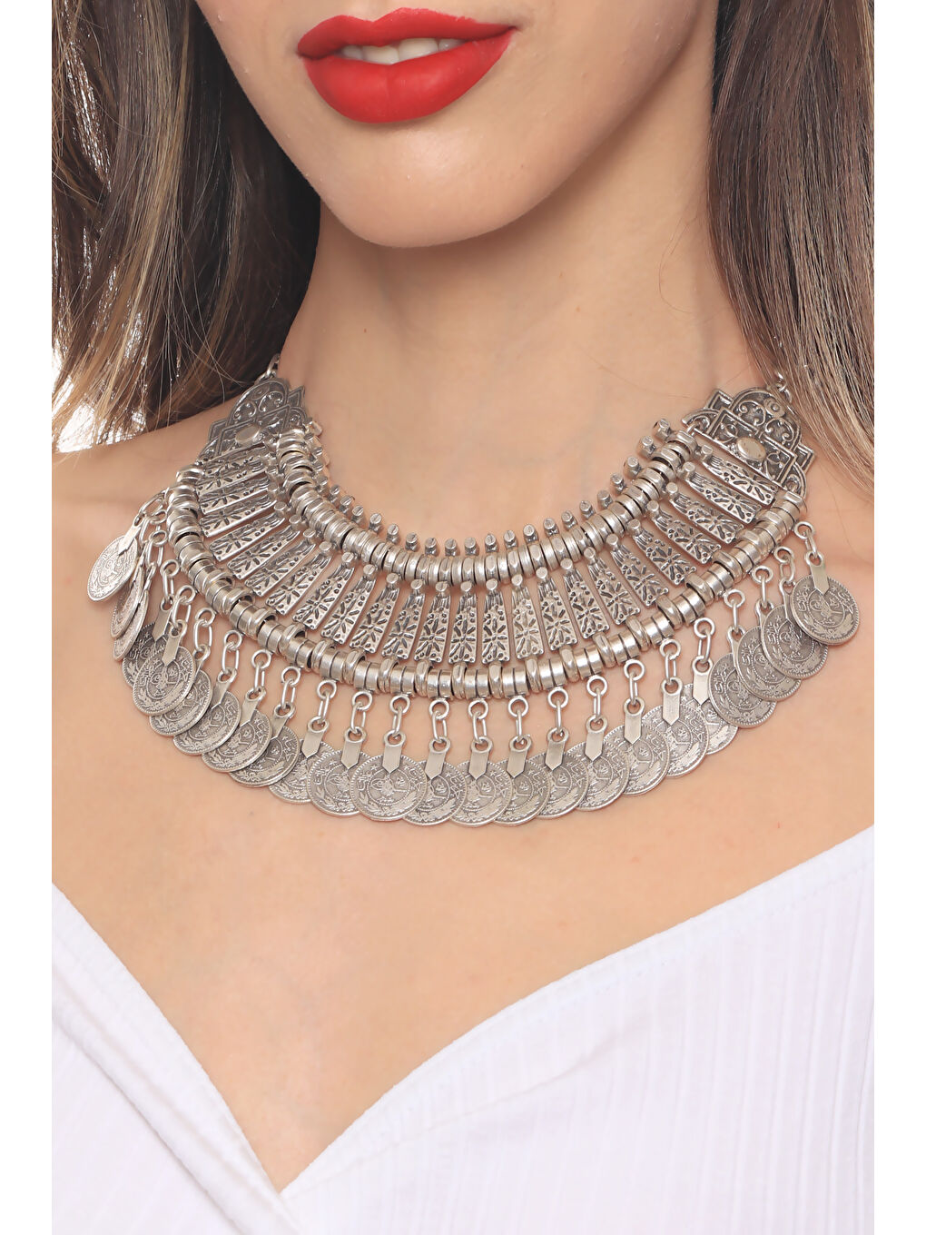 Gri Kadın Antik Gümüş Kaplama Tuğra Detaylı Bohem Kolye-3