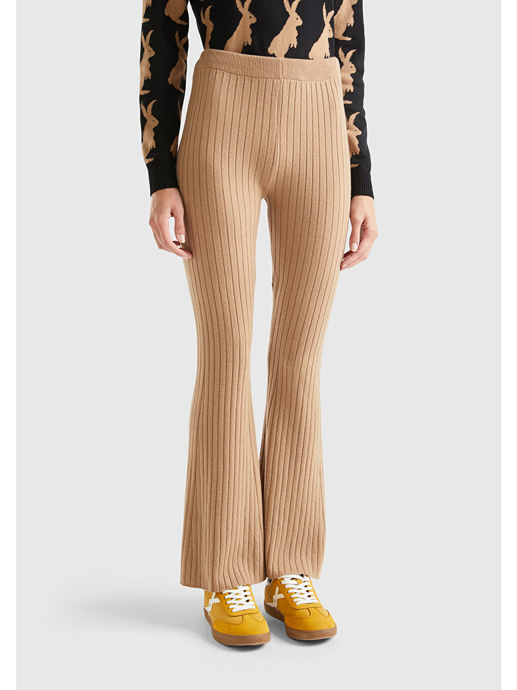 Kahverengi Kadın Taba Yün Karışımlı Regular Fit Triko Pantolon