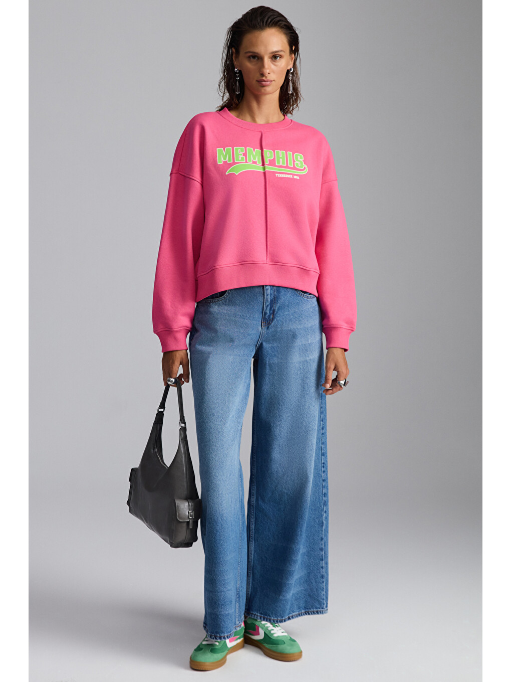 Daleska Kadın Organik Pamuklu Yumuşacık Önü Kesikli Baskılı Yuvarlak Yaka Pembe Sweatshirt-4