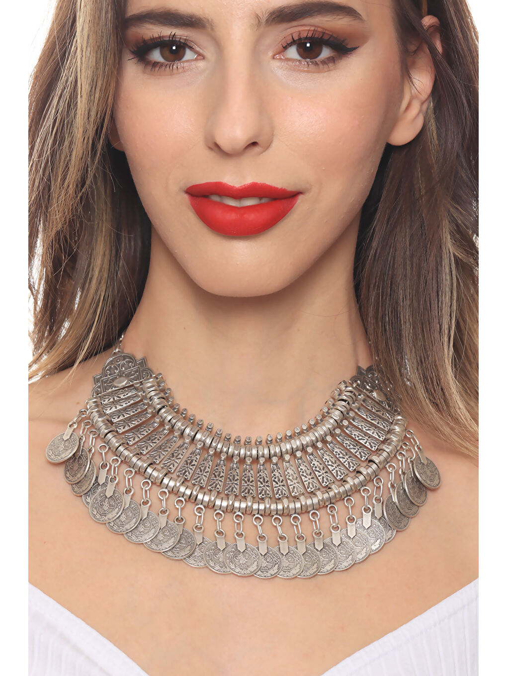 Gri Kadın Antik Gümüş Kaplama Tuğra Detaylı Bohem Kolye-4