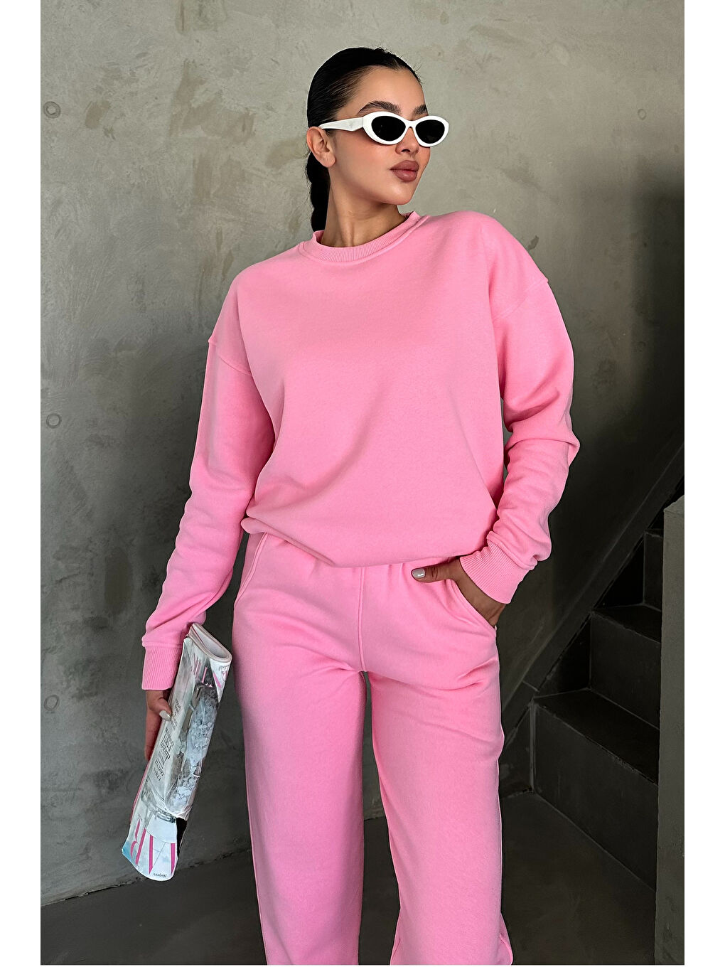 Kadın Erkek Pembe Bisiklet Yaka Düz Oversize Alt-Üst Eşofman Takımı-6