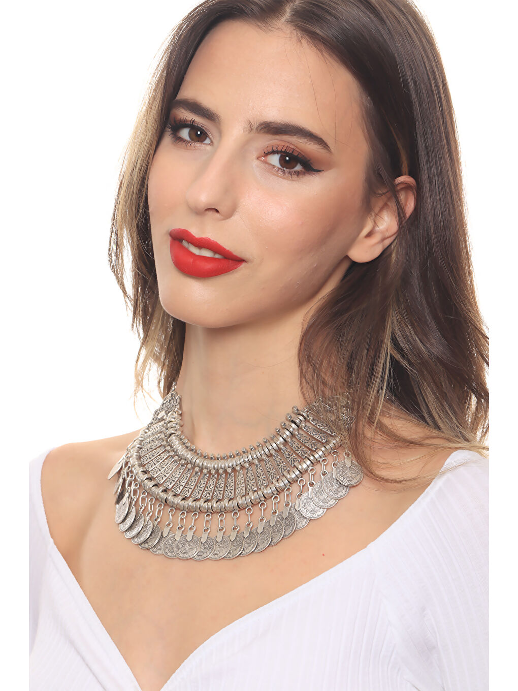 Gri Kadın Antik Gümüş Kaplama Tuğra Detaylı Bohem Kolye-5